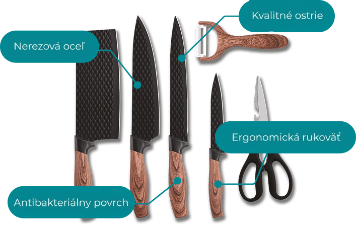 Kuchyňská sada obsahují sekáček, ostrý nůž, nůžky a škrabku